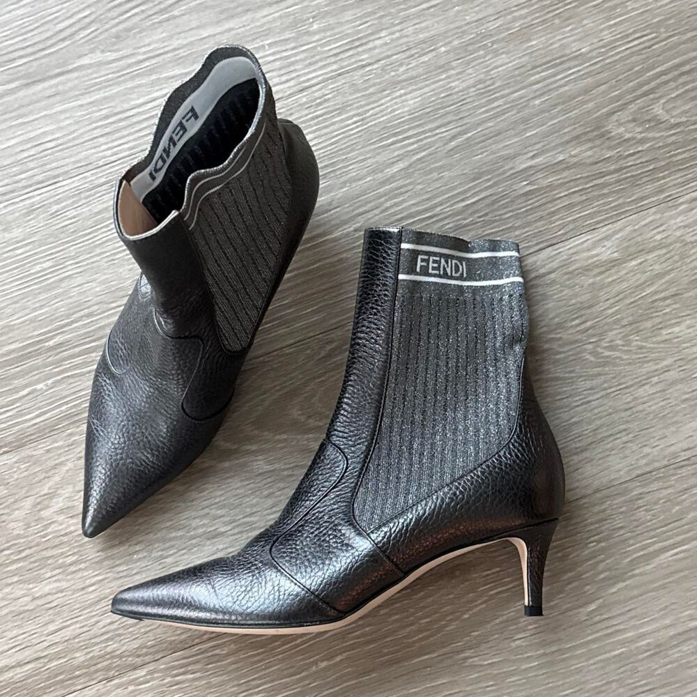 Fendi Metallic Gunmetal Leather Knit Boots with pointed toe and kitten heel
